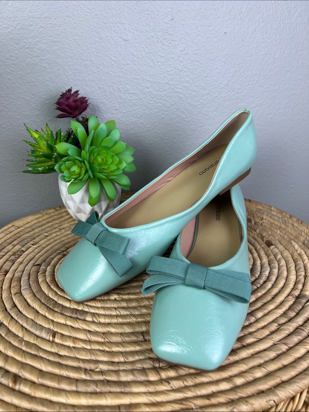 Mint Green Bow Ballet Flats Square Toe New